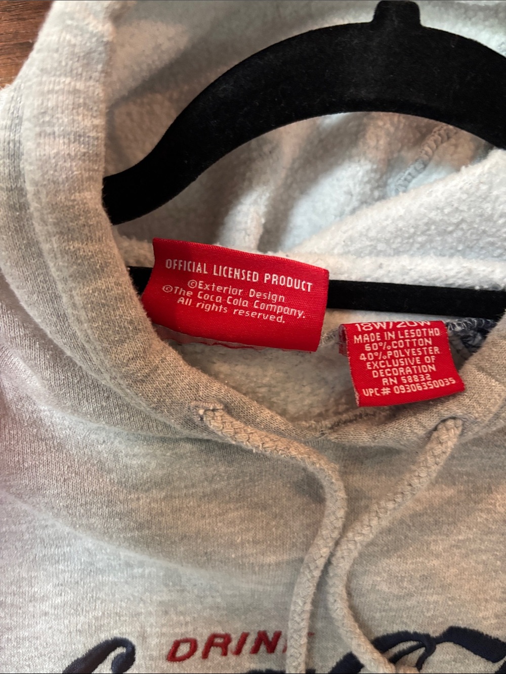 Coca Cola Women’s Hooded Pullover Sweatshirt - Gray with Navy Sleeves - Picture 3 of 5